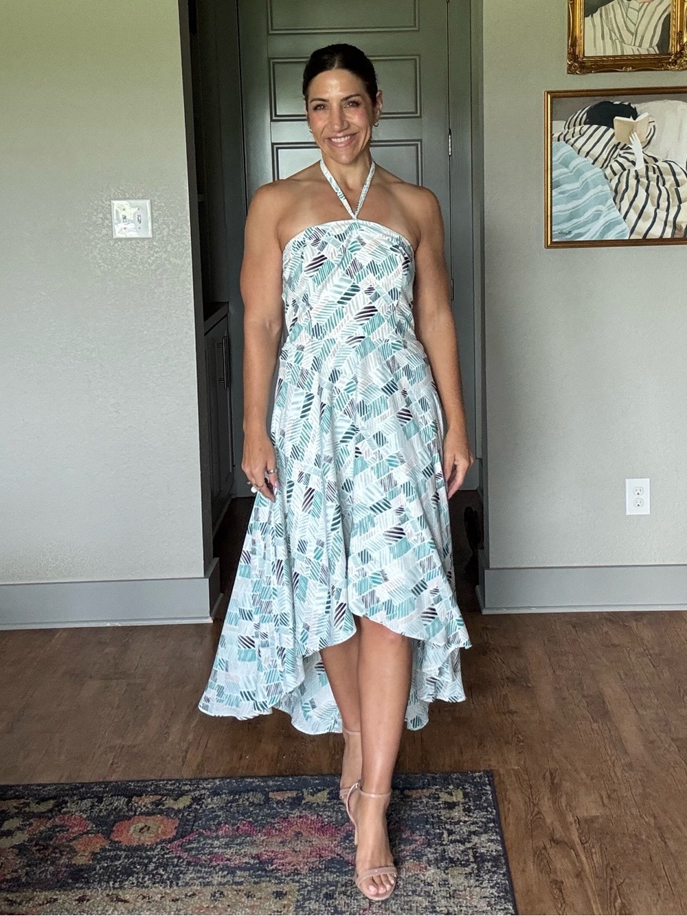 White House Black Market Teal & White High-Low Halter Dress With Versatile Tie